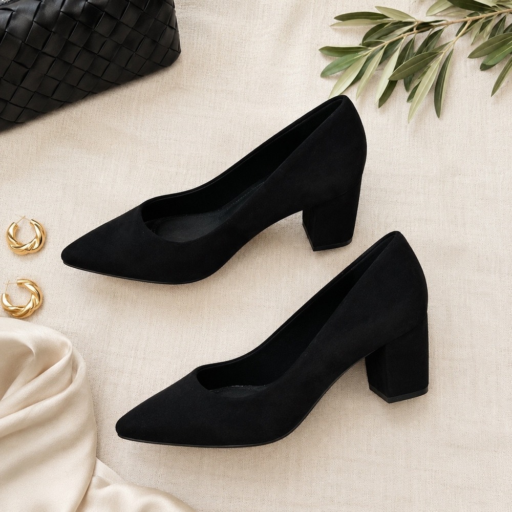 Deltan Block Heel Pumps Women Size 8 Black Faux Suede Pointed Toe Classic Shoe